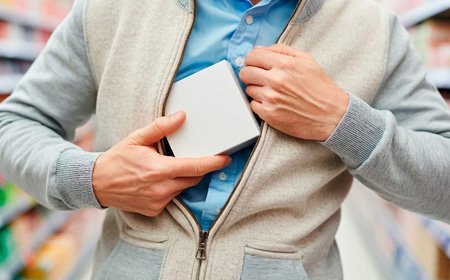 Мужчина кладет себе коробку в куртку